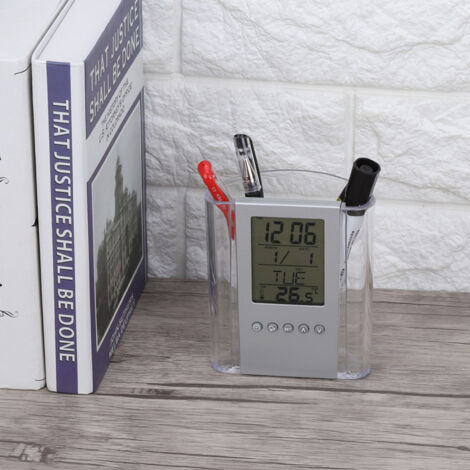 Organisateur De Bureau 2-en-1 Avec Horloge Numérique, Calendrier, Thermomètre Et Porte-Stylos | Design Maille Métallique, Noir, Pour Maison Et Bureau - 3