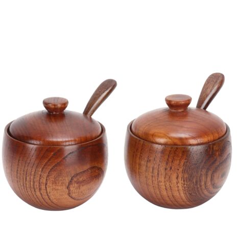 Lot de 2 pots d'assaisonnement japonais en bois rétro avec couvercle et cuillère pour cuisine (1/5)