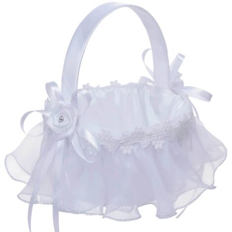 Panier Blanc de Fille de Fleur, Paniers Romantiques Portatifs de Tissu de Satin avec la Poignée Décor de Partie de Mariage DIY (220418CY2936) (1/5)