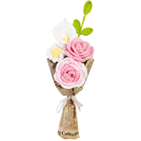 Bouquet tricoté à la Main, Fleurs Simulées Vives avec des Feuilles Vertes pour la Maison, la Cuisine, Le Bureau, la Fête (Pink) (1/5)