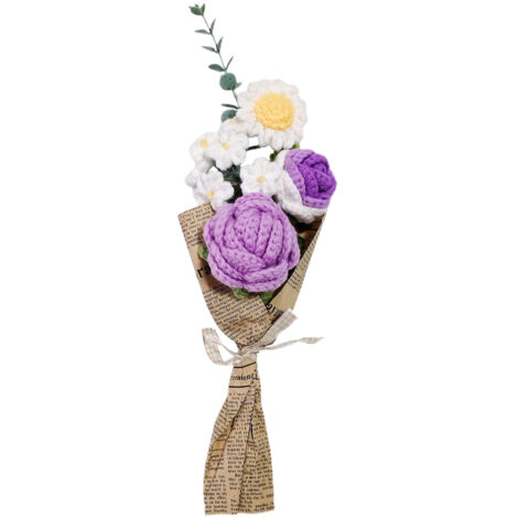 Bouquet tricoté à la Main, Fleurs Simulées Vives avec des Feuilles Vertes pour la Maison, la Cuisine, Le Bureau, la Fête (Purple) (1/5)
