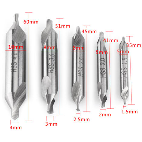 5pcs Foret à Centrer Foret à Deux Extrémités 60 Degrés 1.5/2.0/2.5/3.0/4.0mm (1/5)