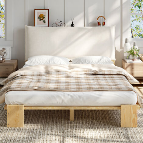 Lit capitonné, lit simple, lit enfant, tête de lit rembourrée avec fermeture Velcro, sommier à lattes robuste, pieds de lit plus larges, pin + mousse + contreplaqué, naturel, 140 x 200 cm (1/5)
