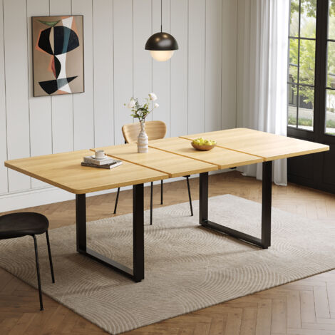 Table de salle à manger extensible en 3 longueurs (140/180/220 x 80 cm), idéale pour 6 à 10 personnes. Forme ergonomique, pieds en métal, style épuré, coloris chêne. Convient pour la salle à manger ou (1/5)