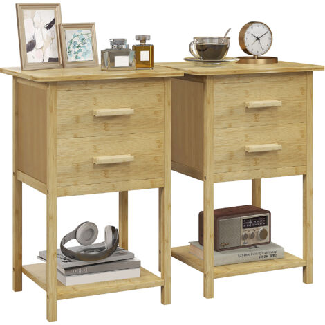 Lot de 2 tables de chevet table de nuit en bambou avec 2 tiroirs et 1 étagère 40 x 34 x 60 cm naturel (1/5)