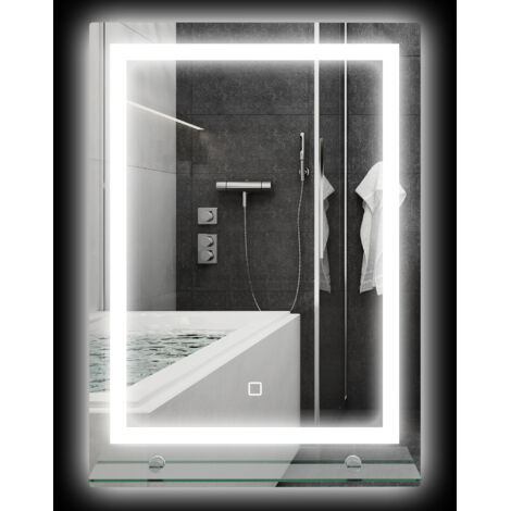 Miroir lumineux LED mural de salle de bain avec étagère intégrée 3 couleurs luminosité réglable interrupteur tactile (1/5)