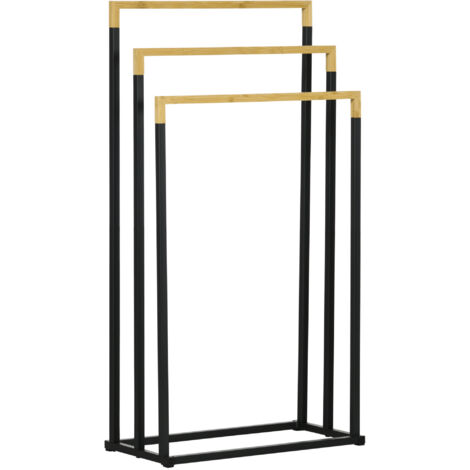 Porte-serviettes en bambou et acier sur pieds avec 3 barres support pour serviette 45 x 22,5 x 86 cm noir et naturel (1/5)