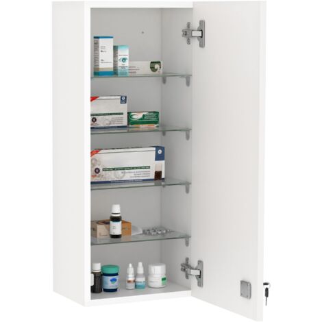 Armoire à pharmacie murale avec serrure, 5 étagères et tablettes réglables, bois et verre, blanc, 30x20x70cm (1/5)