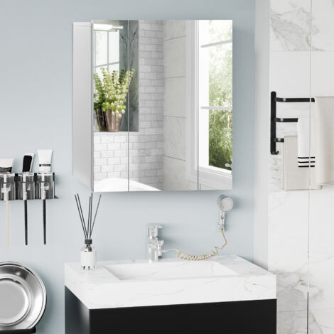 kleankin Armoire murale de salle de bain avec 3 portes miroir et étagères réglables en MDF Blanc dim. 70L x 15l x 60H cm (1/5)