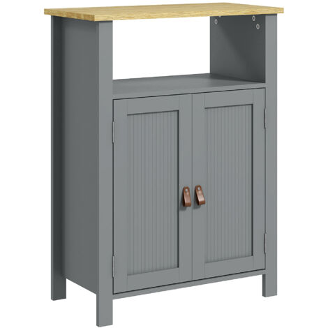 Meuble bas de salle de bain multi-rangements grande niche placard double porte gris et naturel (1/5)