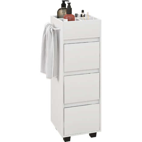 Meuble de rangement pour salle de bain avec 4 compartiments, 3 tiroirs et porte-serviettes, dim. 35 x 30 x 90 cm, blanc (1/5)