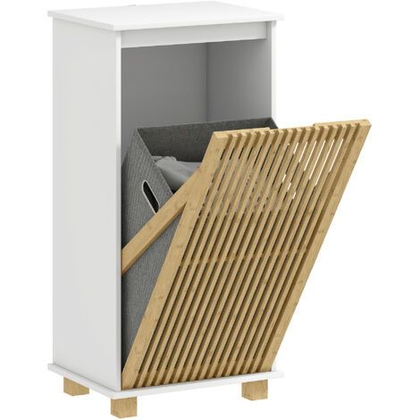 Meuble salle de bain avec panier à linge, porte à lattes en bambou et sac amovible, blanc et effet bois naturel (1/5)