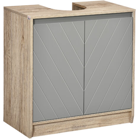 Meuble salle de bain sous Lavabo - meuble sous-vasque - placard 2 portes avec étagère - dim. 60L x 30l x 59,8H cm - panneaux particules chêne clair gris (1/5)