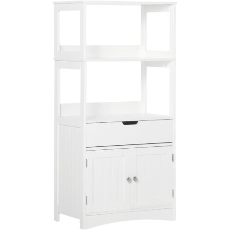kleankin Meuble de Rangement Salle de Bain - 2 Portes, tiroir, 3 étagères - dim. 60L x 33l x 122H cm - MDF Blanc (1/5)