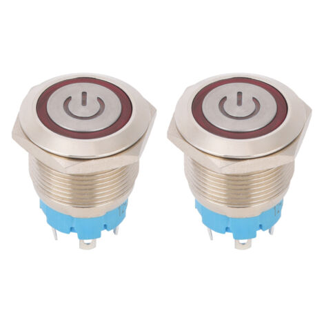 2 pièces interrupteur à bouton-poussoir 4 broches 19mm tête plate ronde coque en acier inoxydable avec lumière IP65 12-24VDCrouge (1/5)