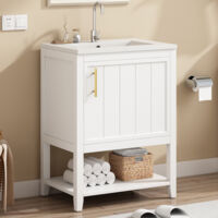 Meuble de salle de bains vasque simple, meuble-lavabo 60 cm avec vasque en céramique et étagère, blanc