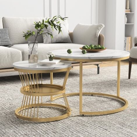 Lot de 2 Table basses gigogne rondes, 70 cm - avec étagères, brillant plateau en bois effet marbre PVC, pieds métal, design moderne -  Doré