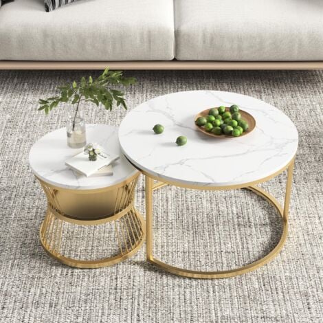 Lot de 2 Table basses gigogne rondes, 70 cm - avec étagères, brillant plateau en bois effet marbre PVC, pieds métal, design moderne -  Doré