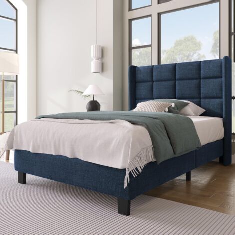 LIT DOUBLE LINKHOO 140x200 Cm Avec Tête De Lit Rembourrée - Design Moderne En Lin Bleu, Sommier Lattes, Sans Matelas - 2