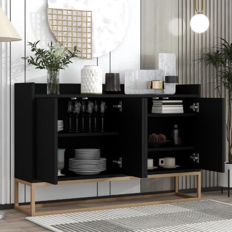 Buffet 120 cm, avec 4 portes, étagères réglables, cadre en métal doré, fonction Push-to-Open, commode style moderne - Noir
