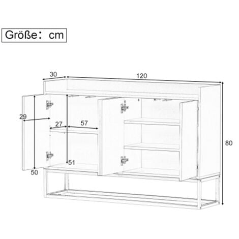 Buffet 120 cm, avec 4 portes, étagères réglables, cadre en métal doré, fonction Push-to-Open, commode style moderne - Noir