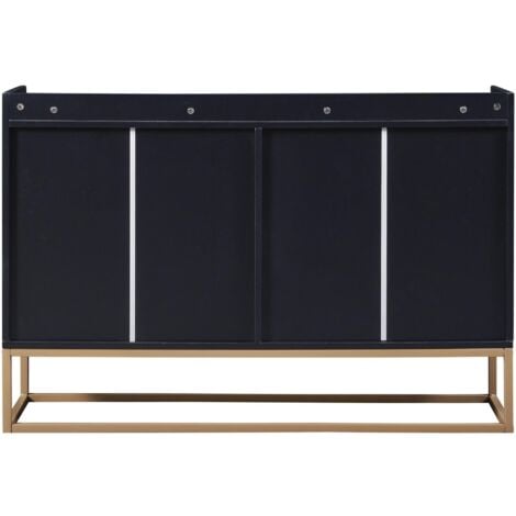 Buffet 120 cm, avec 4 portes, étagères réglables, cadre en métal doré, fonction Push-to-Open, commode style moderne - Noir