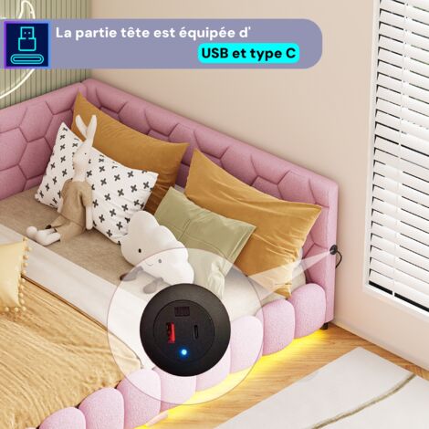 Lit simple capitonné 140x200 cm, avec eclairage LED, fonction de charge USB, lit enfant en velours, style moderne - Rose