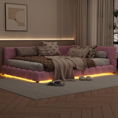 Lit simple capitonné 140x200 cm, avec eclairage LED, fonction de charge USB, lit enfant en velours, style moderne - Rose