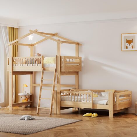 Lit Superposé Enfant 90x200 Cm Avec Escalier Et Barrières - Pin Naturel, Certifié EN747, Sans Matelas