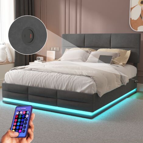 Lit Coffre 140x200 Cm Avec Rangement, Tête De Lit LED Et Ports USB - Sommier à Lattes, Tissu PU, Noir