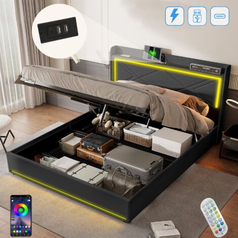 Lit Coffre Capitonné 160x200 Cm Avec Rangement Hydraulique Et éclairage LED - Velours Beige