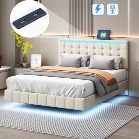 Lit double 140x200 cm, avec éclairage LED, USB charge, sommier à lattes en bois, cadre en métal, lit capitonné en lin - Beige