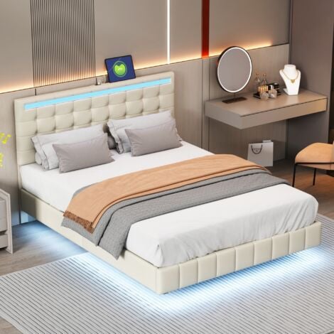 Lit double 140x200 cm, avec éclairage LED, USB charge, sommier à lattes en bois, cadre en métal, lit capitonné en lin - Beige