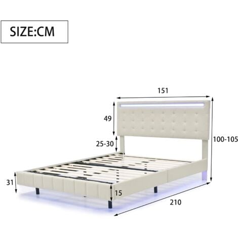 Lit double 140x200 cm, avec éclairage LED, USB charge, sommier à lattes en bois, cadre en métal, lit capitonné en lin - Beige
