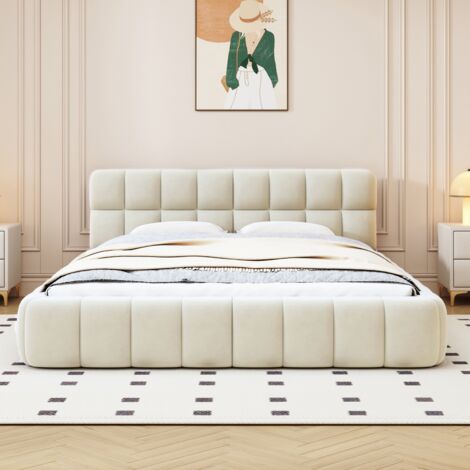Lit double 160x200 cm, avec tête de lit en forme de guimauve, sommier à lattes en bois, cadre en métal, lit capitonné en coton et lin - Beige
