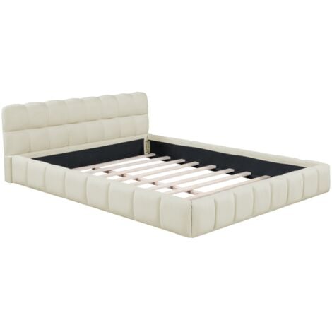 Lit double 160x200 cm, avec tête de lit en forme de guimauve, sommier à lattes en bois, cadre en métal, lit capitonné en coton et lin - Beige