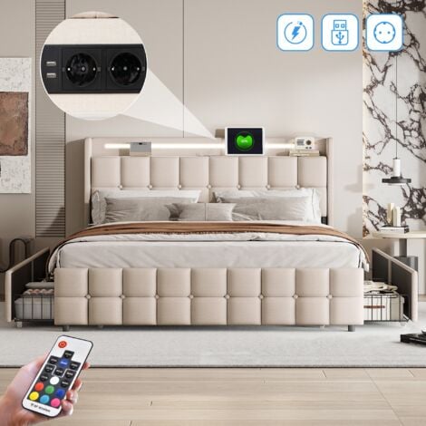 Lit 180x200 cm, 2 places, avec 4 tiroirs de rangement, éclairage LED, USB charge, sommier à lattes en bois, lit double capitonné en lin - beige