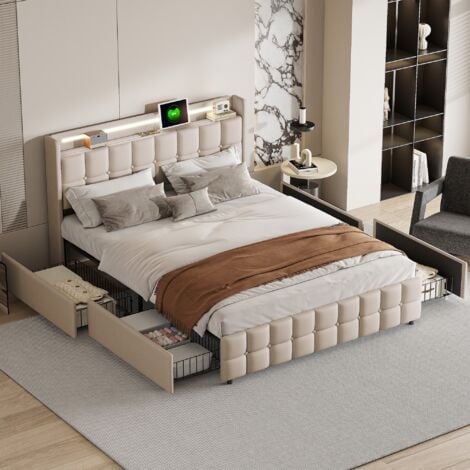 Lit 180x200 cm, 2 places, avec 4 tiroirs de rangement, éclairage LED, USB charge, sommier à lattes en bois, lit double capitonné en lin - beige