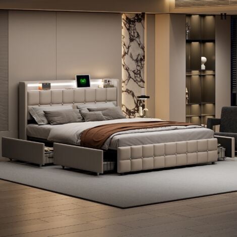 Lit 180x200 cm, 2 places, avec 4 tiroirs de rangement, éclairage LED, USB charge, sommier à lattes en bois, lit double capitonné en lin - beige