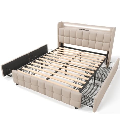 Lit 180x200 cm, 2 places, avec 4 tiroirs de rangement, éclairage LED, USB charge, sommier à lattes en bois, lit double capitonné en lin - beige