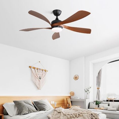 Ventilateur de plafond, Ø132 cm, 32W, avec LED lumière, réglable en hauteur, 6 vitesses, minuterie, moteur DC, 5 pale de ventilateur - Marron