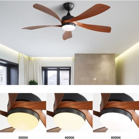 Ventilateur de plafond, Ø132 cm, 32W, avec LED lumière, réglable en hauteur, 6 vitesses, minuterie, moteur DC, 5 pale de ventilateur - Marron