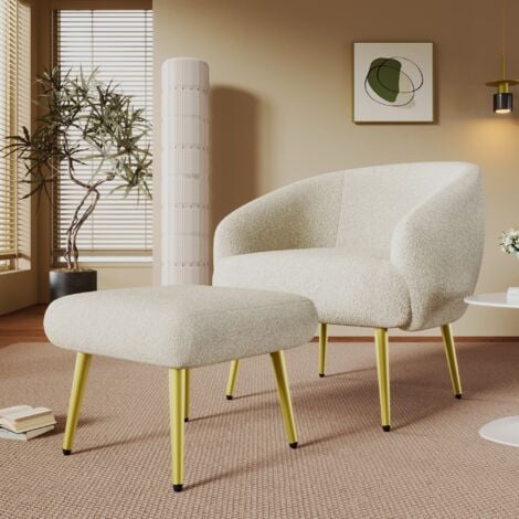 Fauteuil, avec repose-pieds, dossier, pieds en métal, design ergonomique, chaise capitonné en sherpa, pour Salon Chambre Vérandas - Blanc