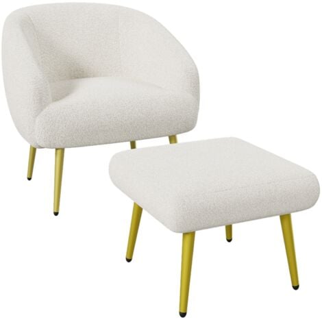Fauteuil, avec repose-pieds, dossier, pieds en métal, design ergonomique, chaise capitonné en sherpa, pour Salon Chambre Vérandas - Blanc