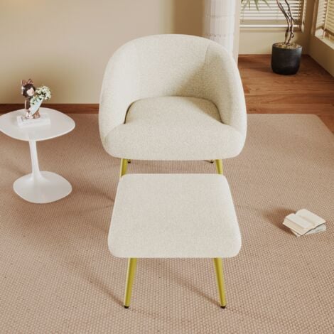 Fauteuil, avec repose-pieds, dossier, pieds en métal, design ergonomique, chaise capitonné en sherpa, pour Salon Chambre Vérandas - Blanc