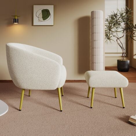 Fauteuil, avec repose-pieds, dossier, pieds en métal, design ergonomique, chaise capitonné en sherpa, pour Salon Chambre Vérandas - Blanc