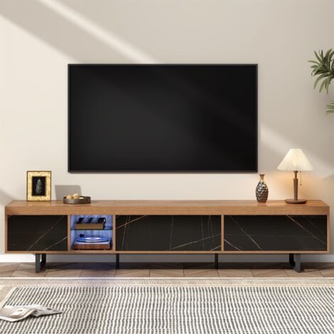 Meuble TV 190 cm, avec LED, 3 portes de rangement,  motif marbre, étagère en verre, pieds en métal, scandinave, Meuble de salon en bois - Noir