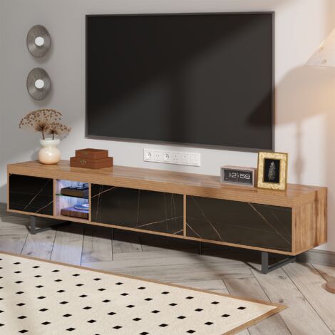 Meuble TV 190 cm, avec LED, 3 portes de rangement,  motif marbre, étagère en verre, pieds en métal, scandinave, Meuble de salon en bois - Noir