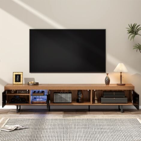 Meuble TV 190 cm, avec LED, 3 portes de rangement,  motif marbre, étagère en verre, pieds en métal, scandinave, Meuble de salon en bois - Noir