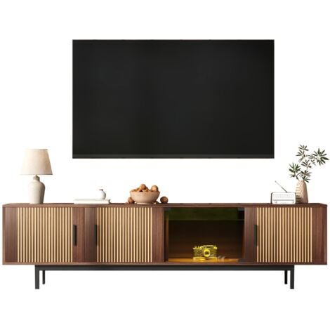 Meuble TV 200 cm, rectangulaire, avec 4 portes, LED, porte en verre, rangement, texture sculptée, scandinave, Meuble de salon en bois - naturel